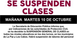 Suspensión para el día martes 10 de octubre será en GENERAL para ITES Los Cabos