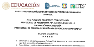 CONVOCATORIA(A) DE ASIGNATURA «B» AL CURSO PARA LA PROMOCIÓN DE CATEGORÍA PROFESOR(A) DE CARRERA DE ENSEÑANZA SUPERIOR ASOCIADO(A)»A»