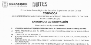 Convocatoria para el puesto de docente para la asignatura  de Entorno a la Innovación