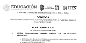 CONVOCATORIA  PARA EL PUESTO DE DOCENTE PARA ASIGNATURA DE PLAN DE NEGOCIOS