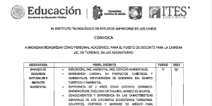 CONVOCATORIA PUESTOS COMO DOCENTE PARA LA CARRERA LIC. EN TURISMO, EN LAS SIGUIENTES ASIGNATURAS