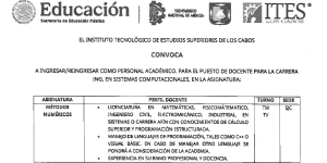 CONVOCATORIA PUESTOS COMO DOCENTE PARA LA CARRERA ING. EN SISTEMAS COMPUTACIONALES, EN LAS SIGUIENTE ASIGNATURA