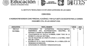 CONVOCATORIA PUESTOS COMO DOCENTE PARA LA CARRERA ING. CIVIL, EN LAS SIGUIENTES ASIGNATURAS