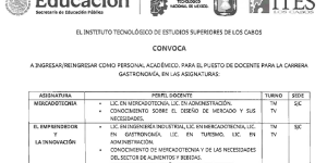 CONVOCATORIA PUESTOS COMO DOCENTE PARA LA CARRERA DE GASTRONOMÍA, EN LAS  ASIGNATURAS