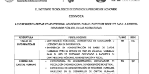 CONVOCATORIA PUESTOS COMO DOCENTE PARA LA CARRERA DE CONTADOR PÚBLICO, EN LAS  ASIGNATURAS